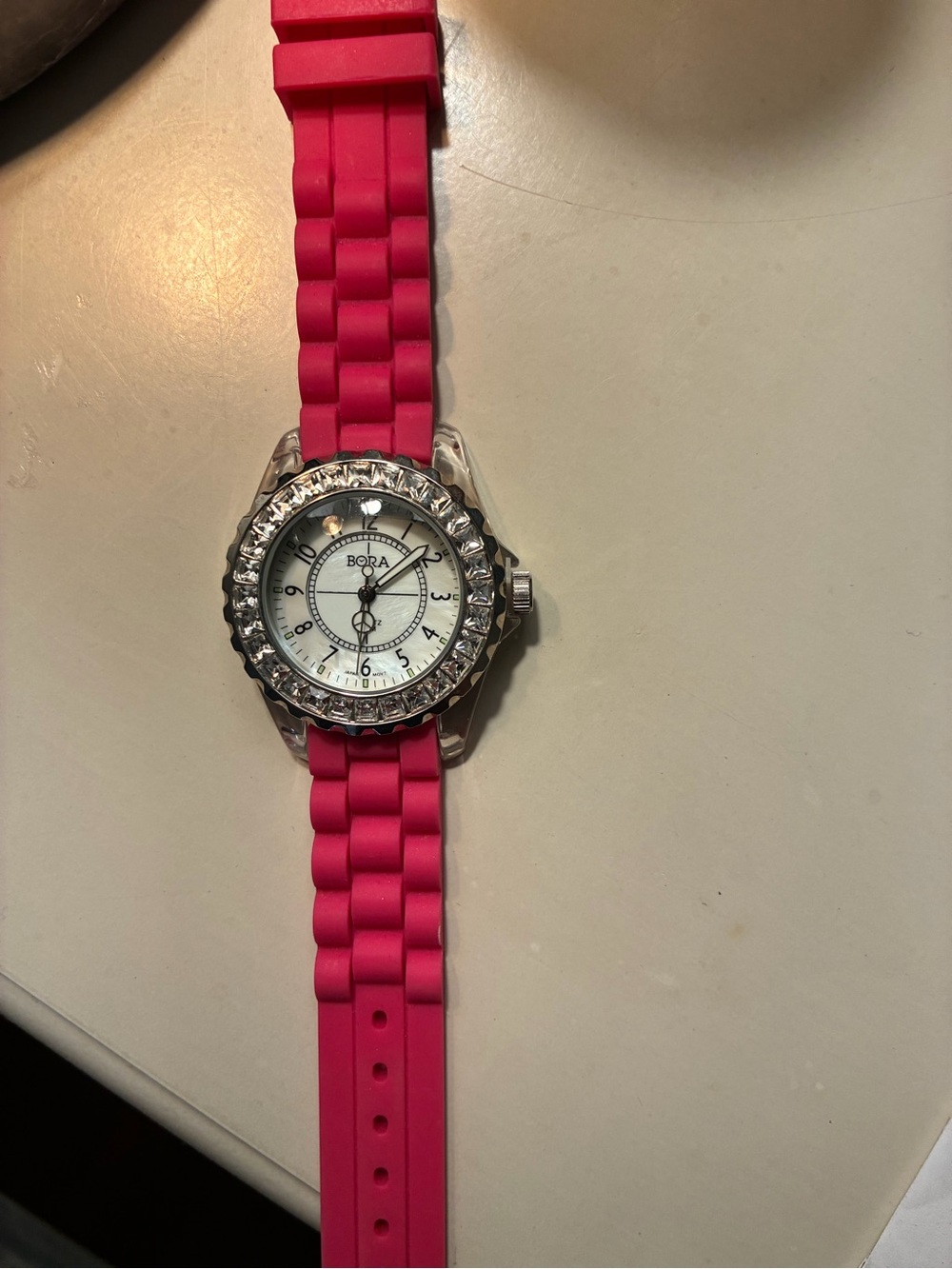 Bora Women's Pink Silicone Strap Crystal Bezel Watch